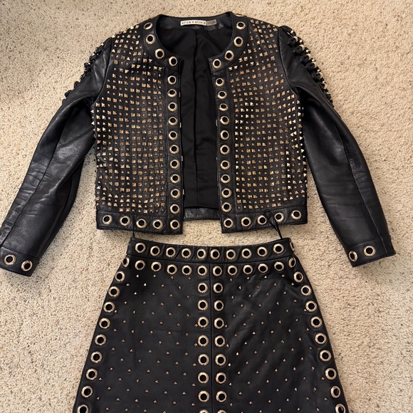 Alice + Olivia Jackets & Blazers - KIDMAN EMBELLISHED LEATHER BOXY JACKET + RILEY A-LINE STUDDED LEATHER SKIRT